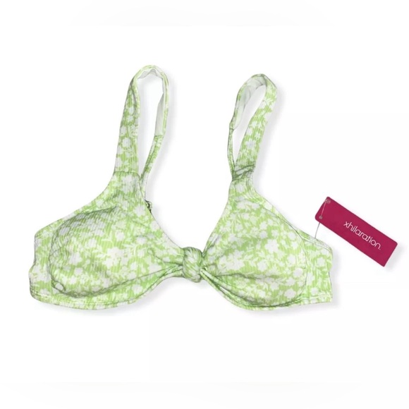 🌻HP🌻Xhilaration XS Ribbed KnotFront Bralette Bikini Top Green Floral Print - Picture 7 of 9